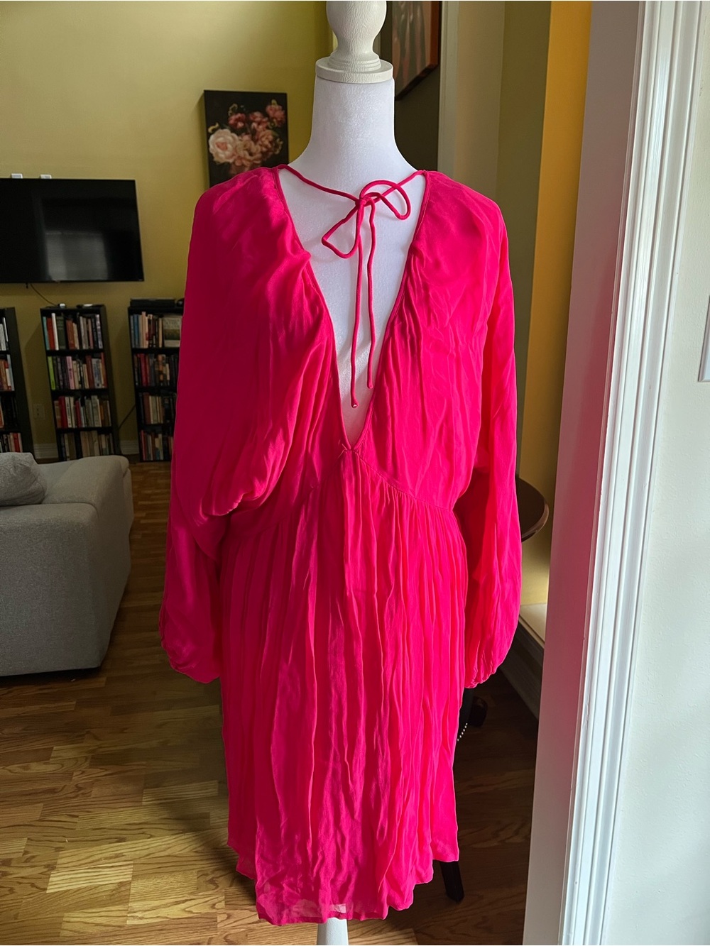 Long Sleeve Deep V Tie-Back Mini Dress in Hot Pink